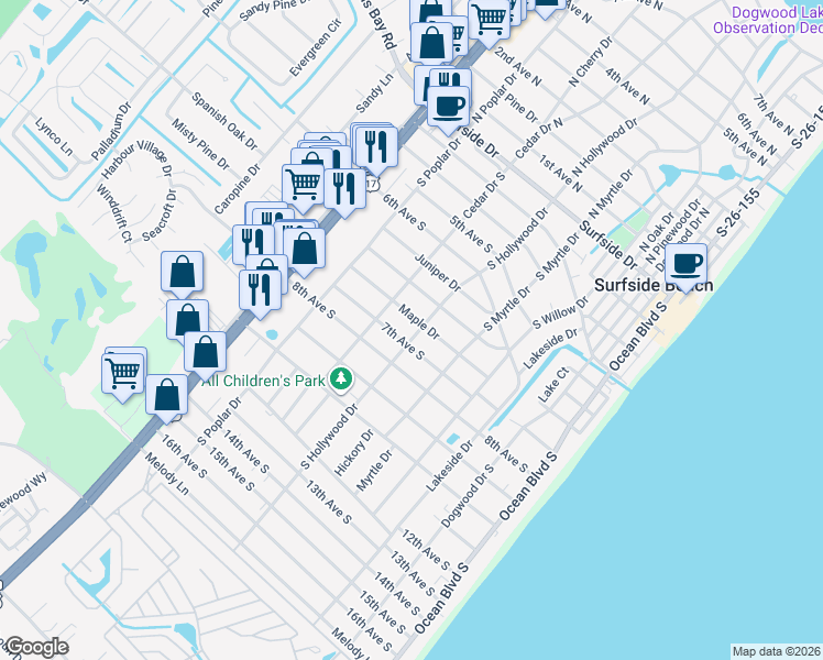 map of restaurants, bars, coffee shops, grocery stores, and more near 612 South Hollywood Drive in Myrtle Beach