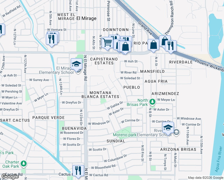 map of restaurants, bars, coffee shops, grocery stores, and more near 12101 West Pershing Avenue in El Mirage