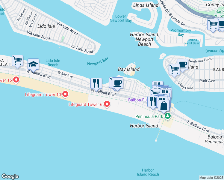 map of restaurants, bars, coffee shops, grocery stores, and more near 521 East Bay Avenue in Newport Beach