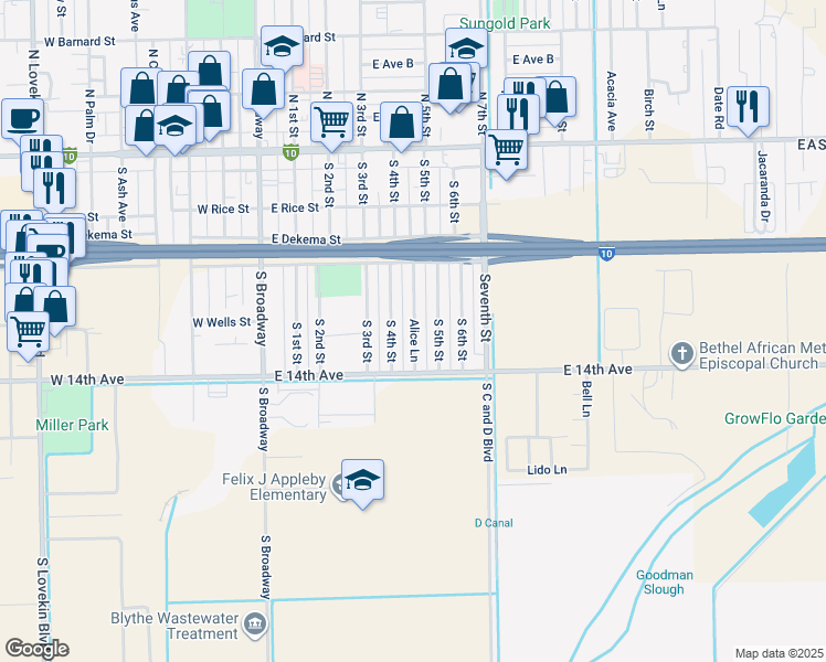 map of restaurants, bars, coffee shops, grocery stores, and more near 421 Alice Lane in Blythe