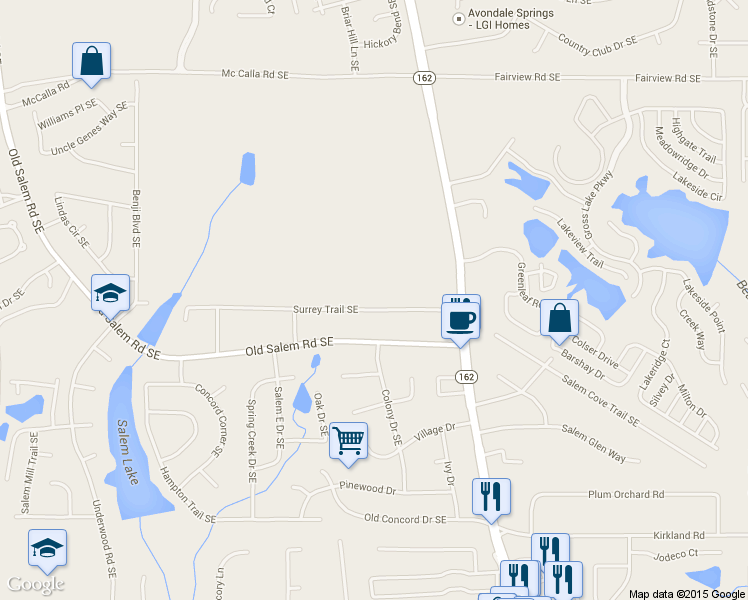 map of restaurants, bars, coffee shops, grocery stores, and more near 2138 Surrey Trail Southeast in Conyers