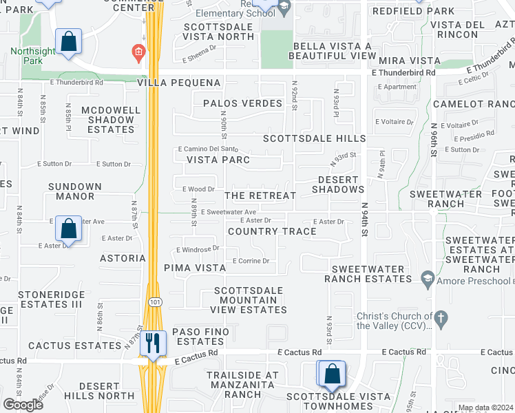 map of restaurants, bars, coffee shops, grocery stores, and more near 9093 East Captain Dreyfus Avenue in Scottsdale