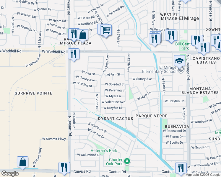 map of restaurants, bars, coffee shops, grocery stores, and more near 12830 West Pershing Street in El Mirage