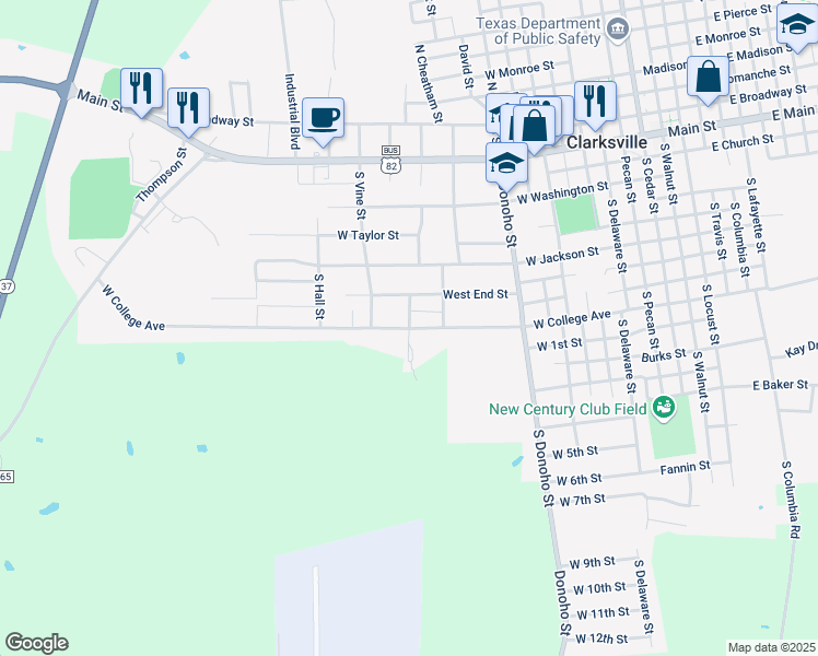 map of restaurants, bars, coffee shops, grocery stores, and more near West College Avenue in Clarksville
