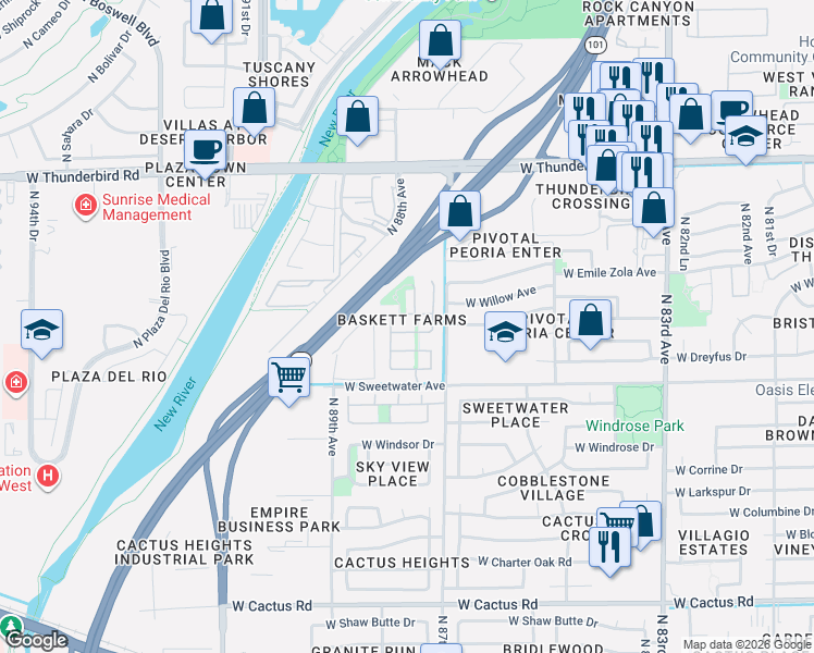 map of restaurants, bars, coffee shops, grocery stores, and more near 8780 West Wood Drive in Peoria