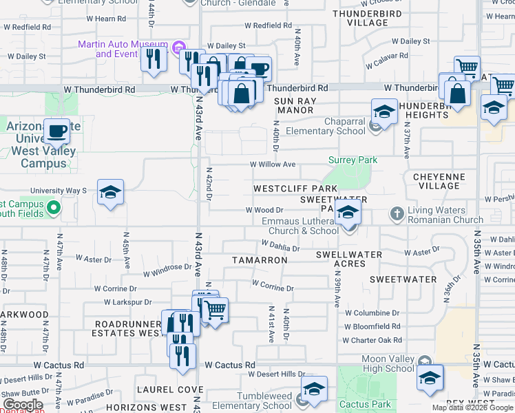 map of restaurants, bars, coffee shops, grocery stores, and more near 13025 North 41st Drive in Phoenix