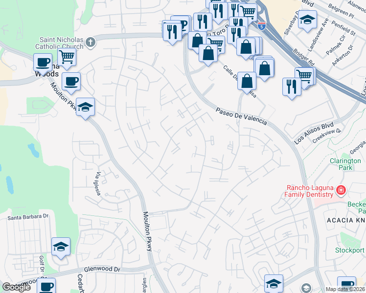 map of restaurants, bars, coffee shops, grocery stores, and more near 94 Calle Aragon in Laguna Woods