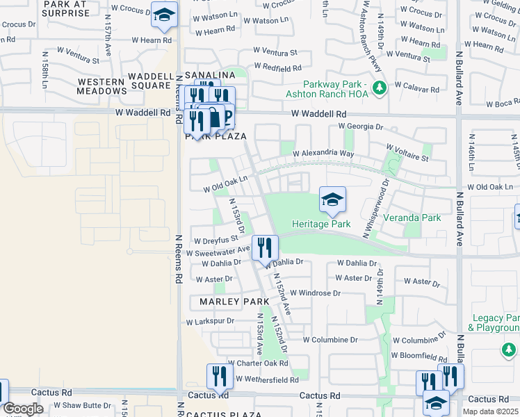 map of restaurants, bars, coffee shops, grocery stores, and more near 13238 North Founders Park Boulevard in Surprise