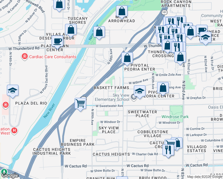 map of restaurants, bars, coffee shops, grocery stores, and more near 8780 West Wood Drive in Peoria