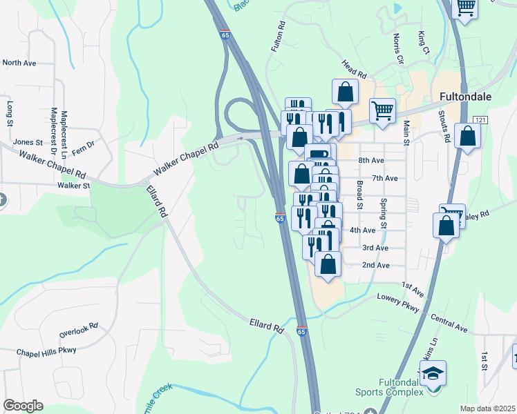 map of restaurants, bars, coffee shops, grocery stores, and more near 3581 Stoney Brook Drive in Fultondale
