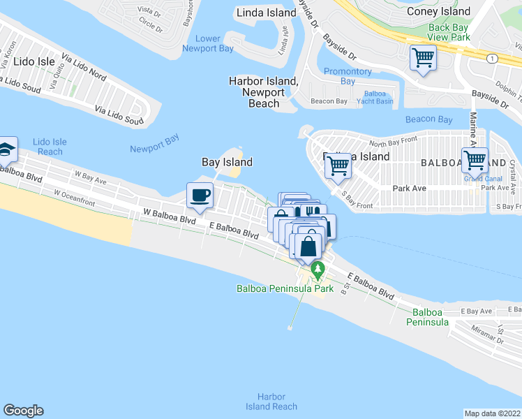 map of restaurants, bars, coffee shops, grocery stores, and more near 317 Fernando Street in Newport Beach