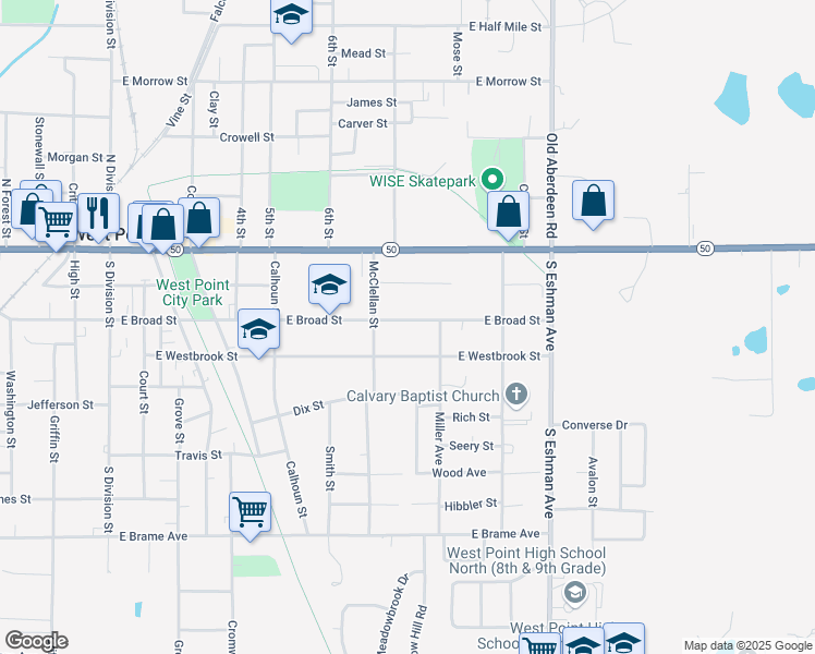 map of restaurants, bars, coffee shops, grocery stores, and more near 940 East Broad Street in West Point