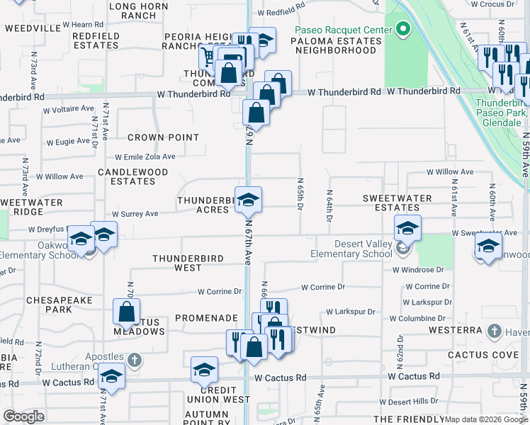 map of restaurants, bars, coffee shops, grocery stores, and more near 6625 West Surrey Avenue in Glendale