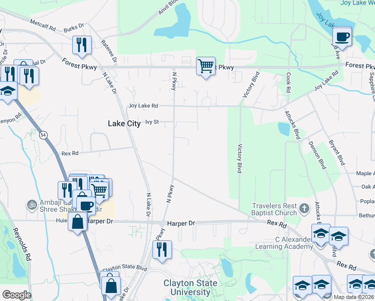 map of restaurants, bars, coffee shops, grocery stores, and more near 5519 Oak Street in Morrow