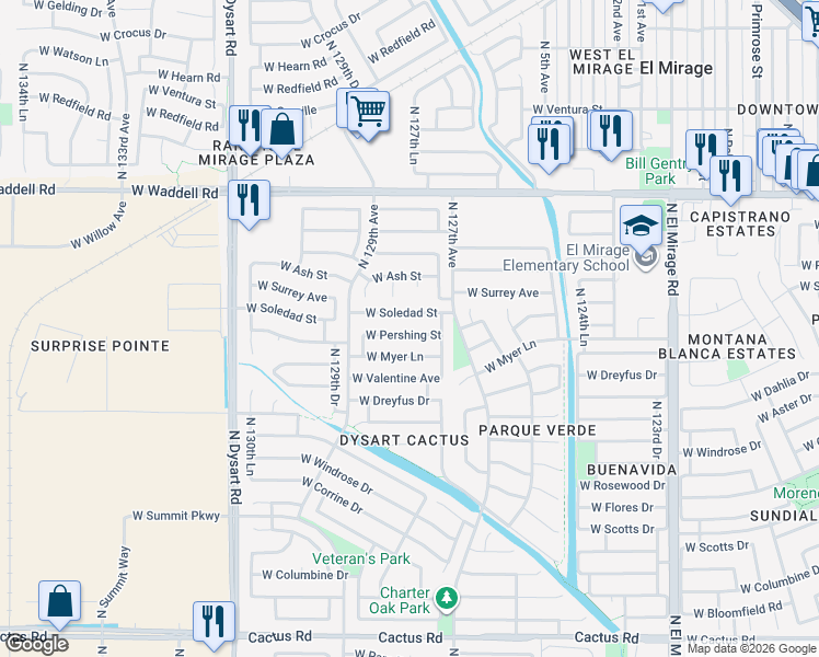 map of restaurants, bars, coffee shops, grocery stores, and more near 12750 West Pershing Street in El Mirage