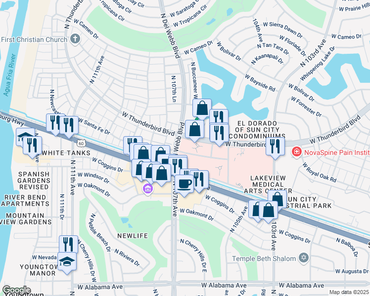 map of restaurants, bars, coffee shops, grocery stores, and more near 13041 North Del Webb Boulevard in Sun City