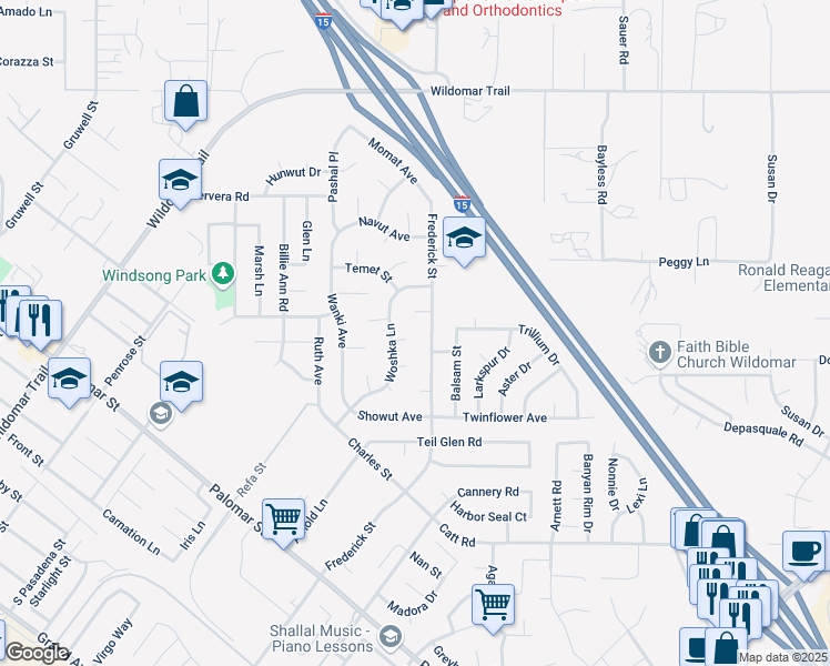 map of restaurants, bars, coffee shops, grocery stores, and more near 22956 Akwo Circle in Wildomar