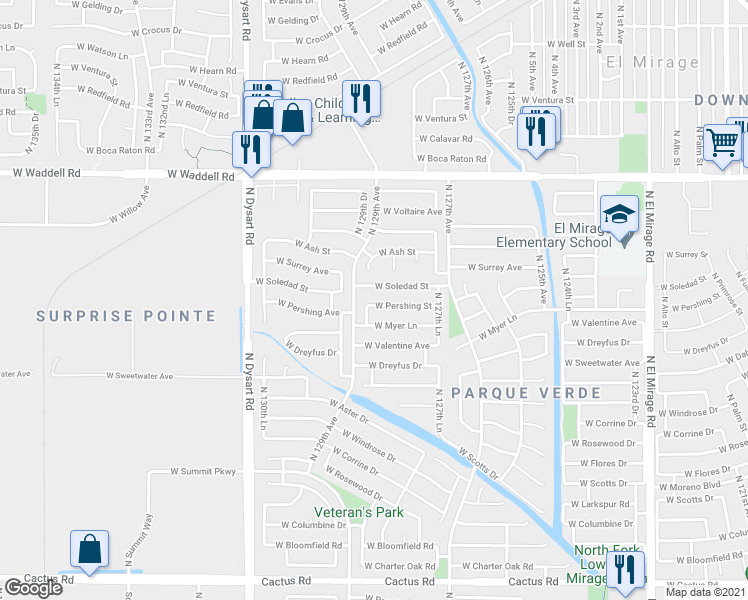 map of restaurants, bars, coffee shops, grocery stores, and more near 12830 West Pershing Street in El Mirage