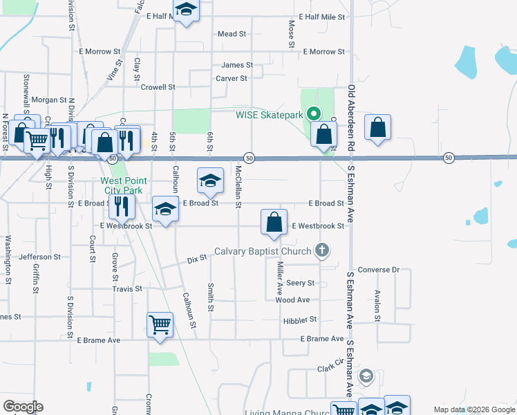 map of restaurants, bars, coffee shops, grocery stores, and more near 900-998 East Broad Street in West Point