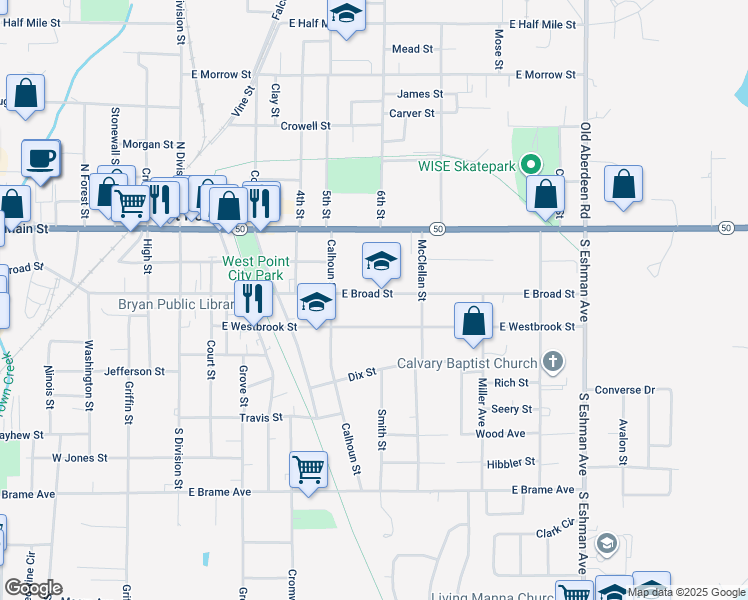 map of restaurants, bars, coffee shops, grocery stores, and more near 754 East Broad Street in West Point