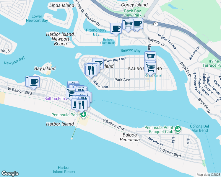 map of restaurants, bars, coffee shops, grocery stores, and more near 600 Collins Avenue in Newport Beach