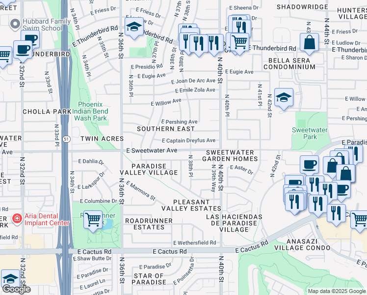 map of restaurants, bars, coffee shops, grocery stores, and more near 3802 East Sweetwater Avenue in Phoenix