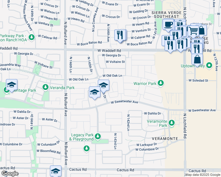 map of restaurants, bars, coffee shops, grocery stores, and more near 13279 North 144th Drive in Surprise