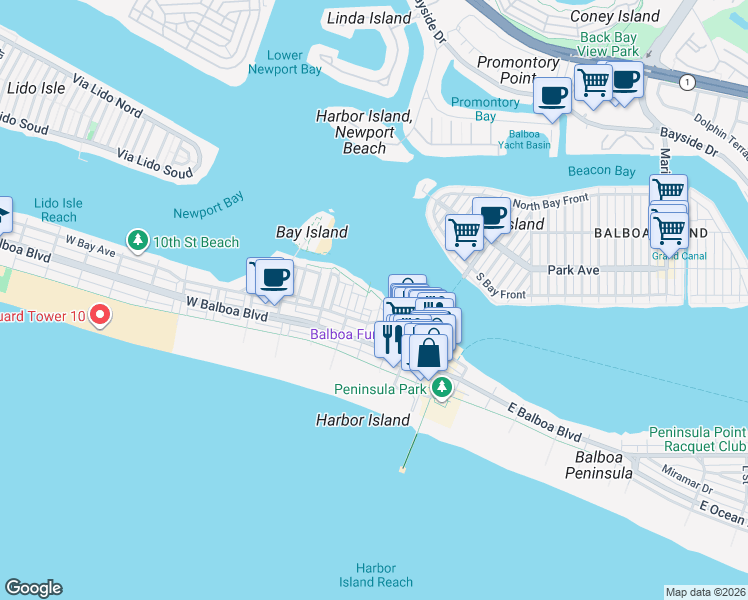 map of restaurants, bars, coffee shops, grocery stores, and more near 310 Fernando Street in Newport Beach