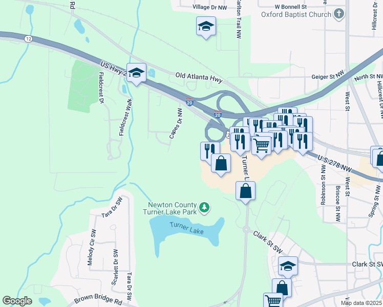 map of restaurants, bars, coffee shops, grocery stores, and more near 7219 Turner Lake Road Northwest in Covington