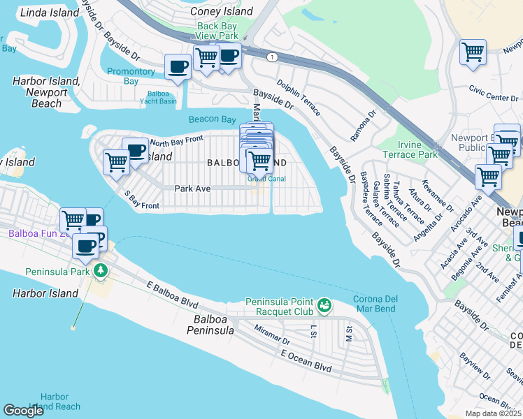 map of restaurants, bars, coffee shops, grocery stores, and more near 1404 South Bay Front in Newport Beach