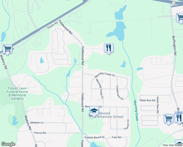 map of restaurants, bars, coffee shops, grocery stores, and more near 3875 Morning Creek Drive in Atlanta