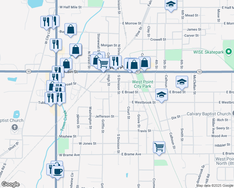 map of restaurants, bars, coffee shops, grocery stores, and more near 104 West Broad Street in West Point