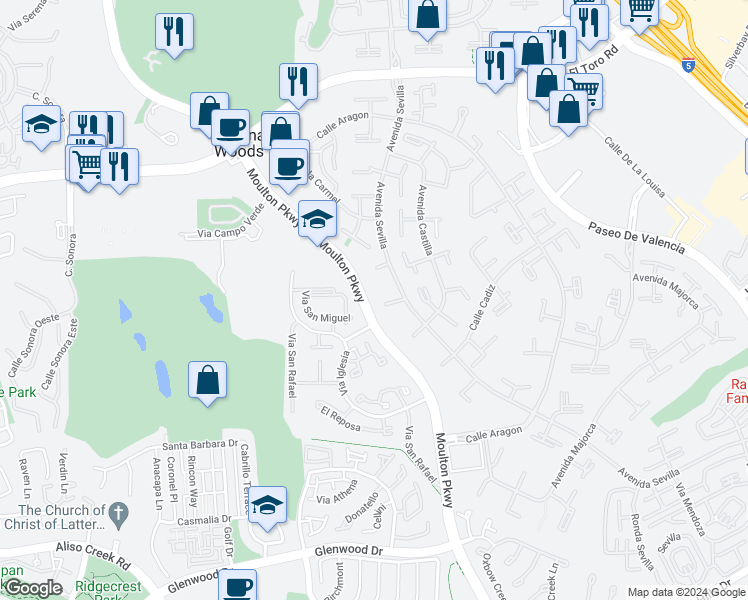 map of restaurants, bars, coffee shops, grocery stores, and more near 348 Avenida Sevilla in Laguna Woods