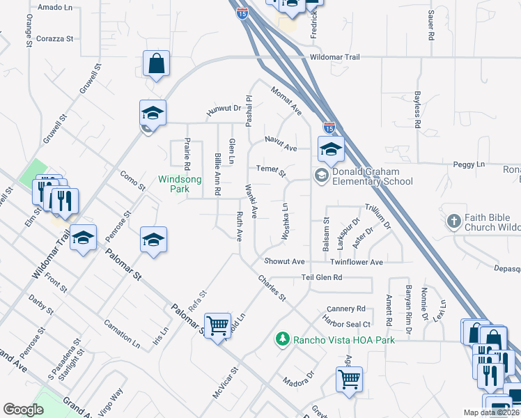 map of restaurants, bars, coffee shops, grocery stores, and more near 35520 Wanki Avenue in Wildomar