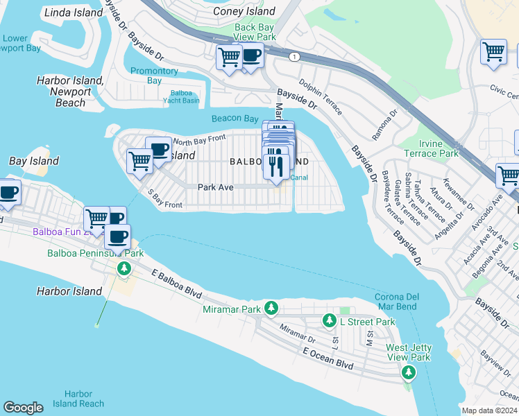 map of restaurants, bars, coffee shops, grocery stores, and more near 1202 South Bay Front in Newport Beach