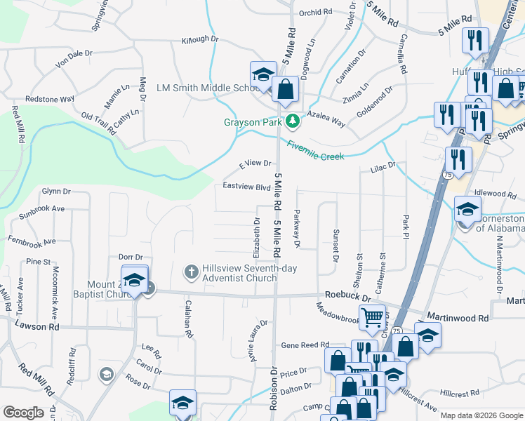 map of restaurants, bars, coffee shops, grocery stores, and more near 957 Elizabeth Drive in Birmingham