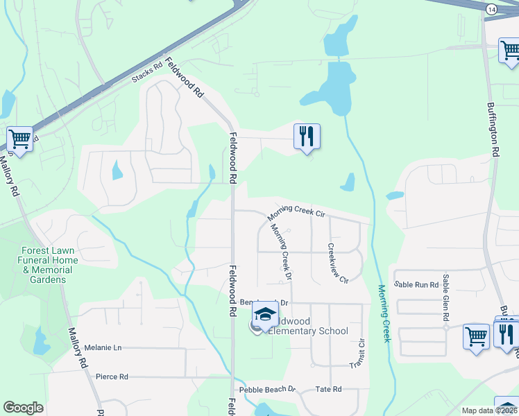map of restaurants, bars, coffee shops, grocery stores, and more near 3875 Morning Creek Drive in Atlanta