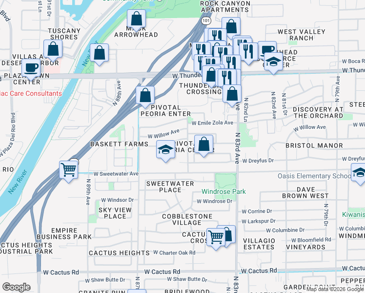 map of restaurants, bars, coffee shops, grocery stores, and more near in Peoria
