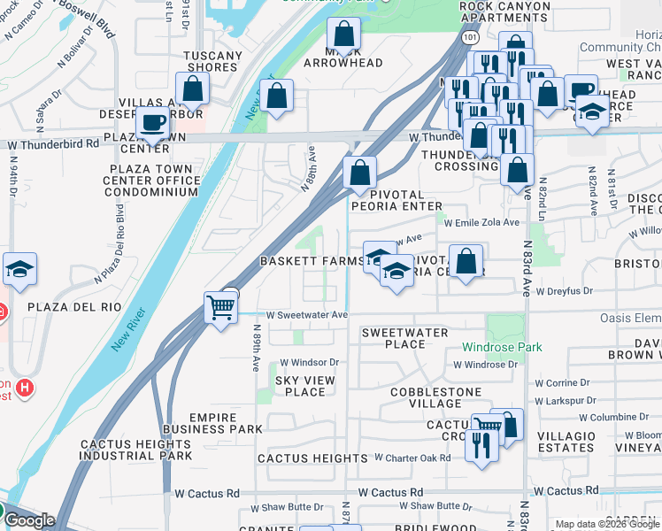 map of restaurants, bars, coffee shops, grocery stores, and more near 13221 North 87th Drive in Peoria
