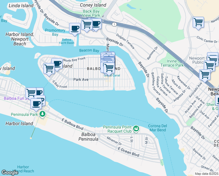 map of restaurants, bars, coffee shops, grocery stores, and more near 1404 South Bay Front in Newport Beach