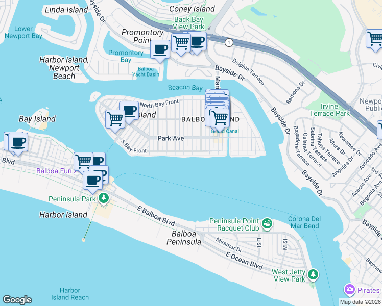 map of restaurants, bars, coffee shops, grocery stores, and more near 1002 South Bay Front in Newport Beach