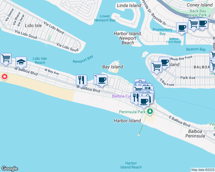 map of restaurants, bars, coffee shops, grocery stores, and more near 104 East Bay Avenue in Newport Beach