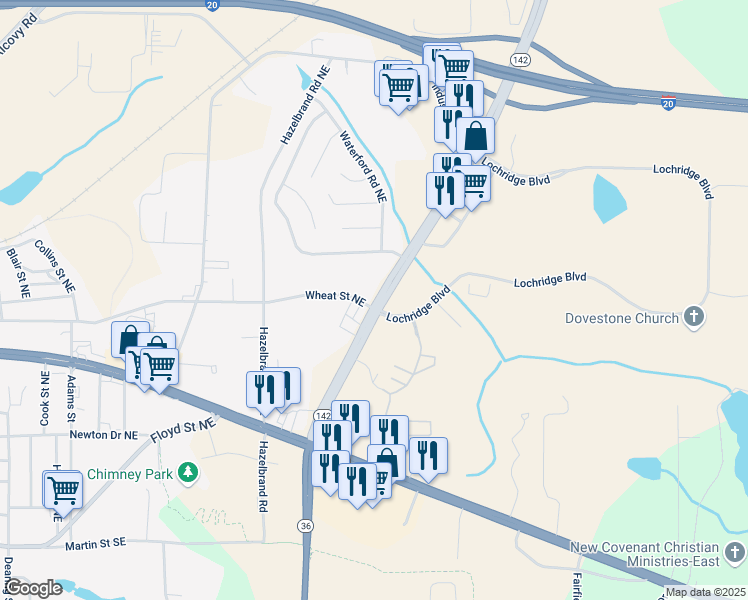 map of restaurants, bars, coffee shops, grocery stores, and more near 10115 Georgia 142 in Covington