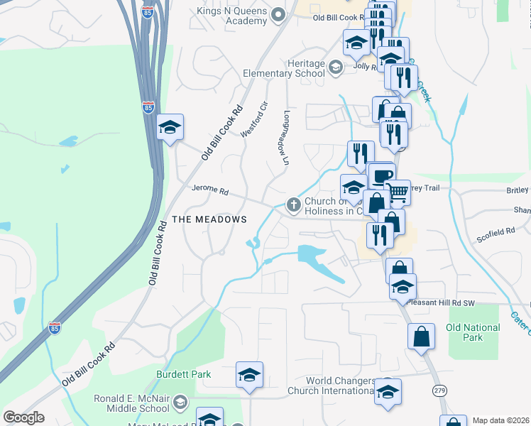 map of restaurants, bars, coffee shops, grocery stores, and more near 5600 Deerfield Trail in College Park