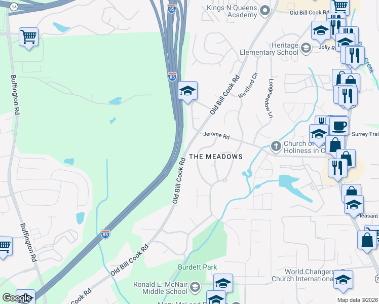 map of restaurants, bars, coffee shops, grocery stores, and more near 5557 Sturbridge Way in Atlanta