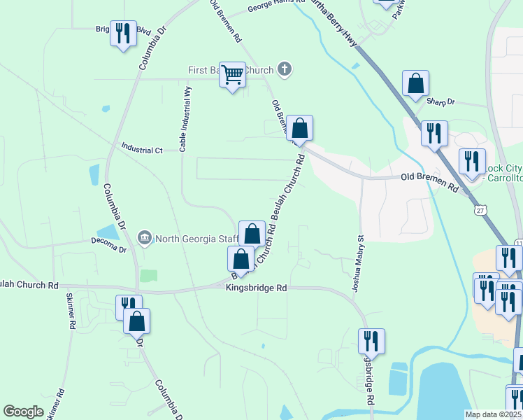 map of restaurants, bars, coffee shops, grocery stores, and more near 123 Beulah Church Road in Carrollton