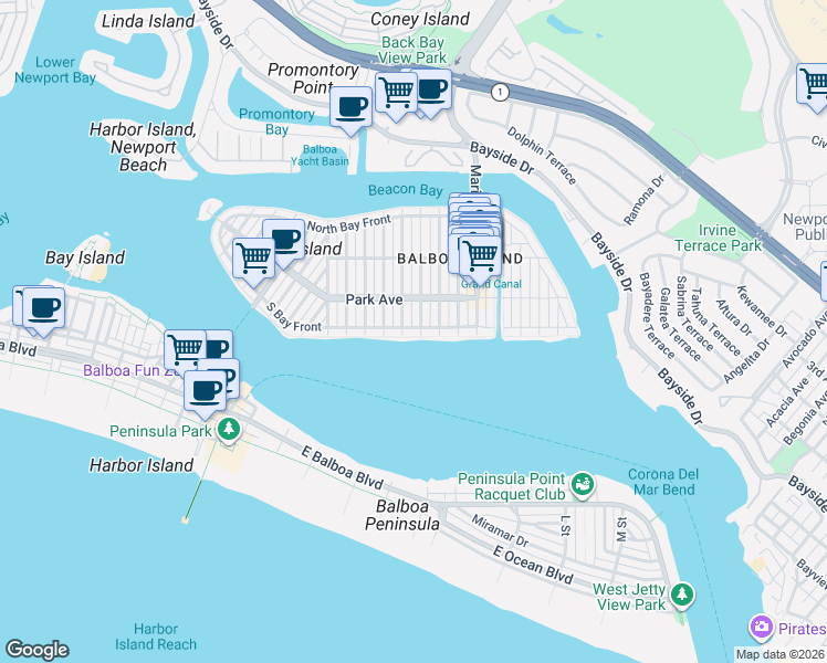 map of restaurants, bars, coffee shops, grocery stores, and more near 1006 South Bay Front in Newport Beach