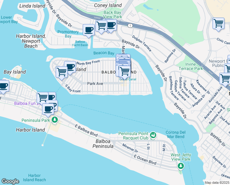 map of restaurants, bars, coffee shops, grocery stores, and more near 1202 South Bay Front in Newport Beach