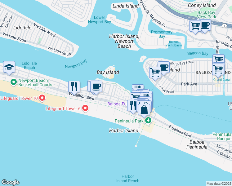 map of restaurants, bars, coffee shops, grocery stores, and more near 310 Alvarado Place in Newport Beach