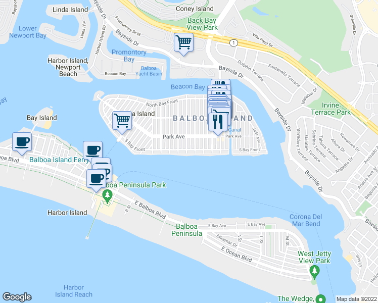 map of restaurants, bars, coffee shops, grocery stores, and more near 1002 South Bay Front in Newport Beach